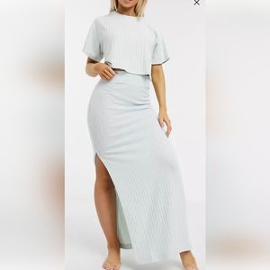 ASOS design blue lounge two piece set ribbed maxi skirt and crop tee